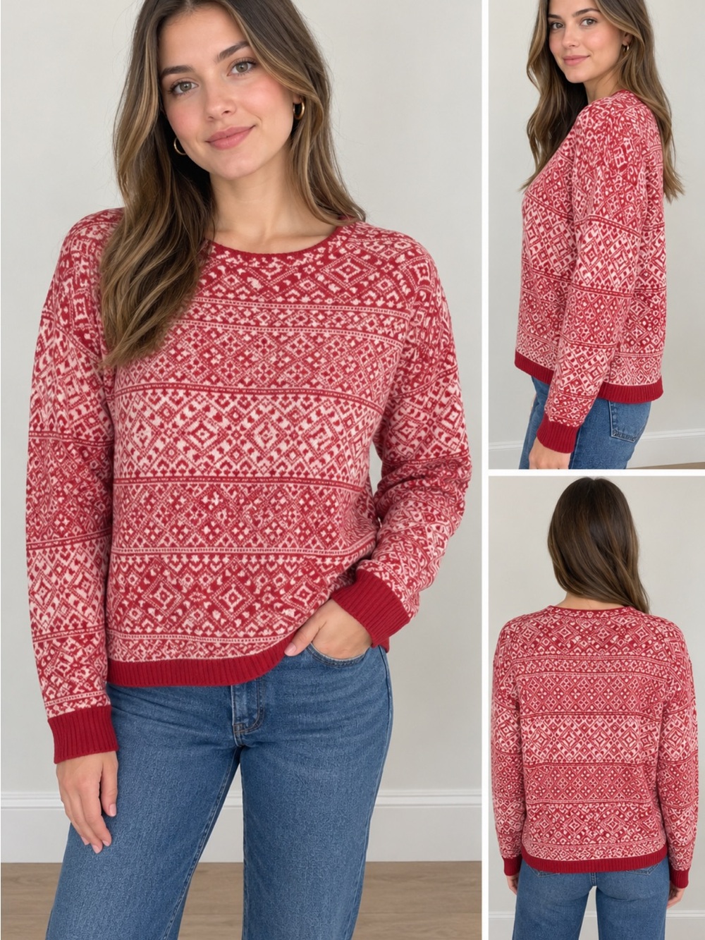 Vineyard Vines Red and Ivory Fair Isle Crewneck Sweater